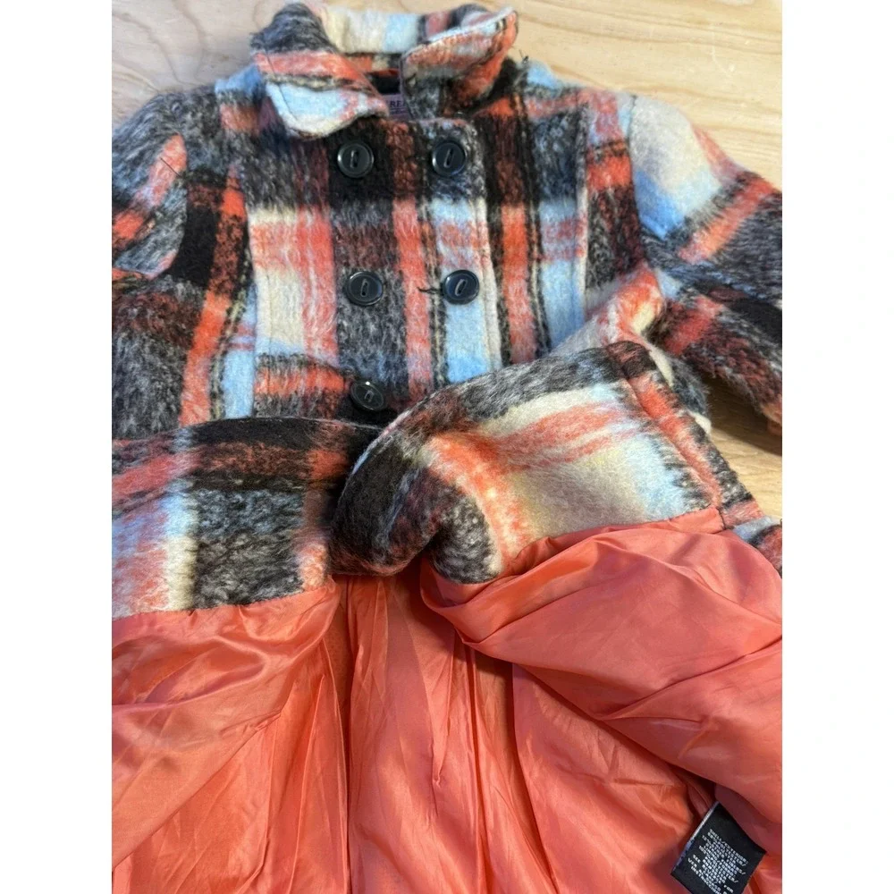 Urban Republic Coat Girls 14 Multicolor Plaid Pleated Faux Fur Hood Pockets